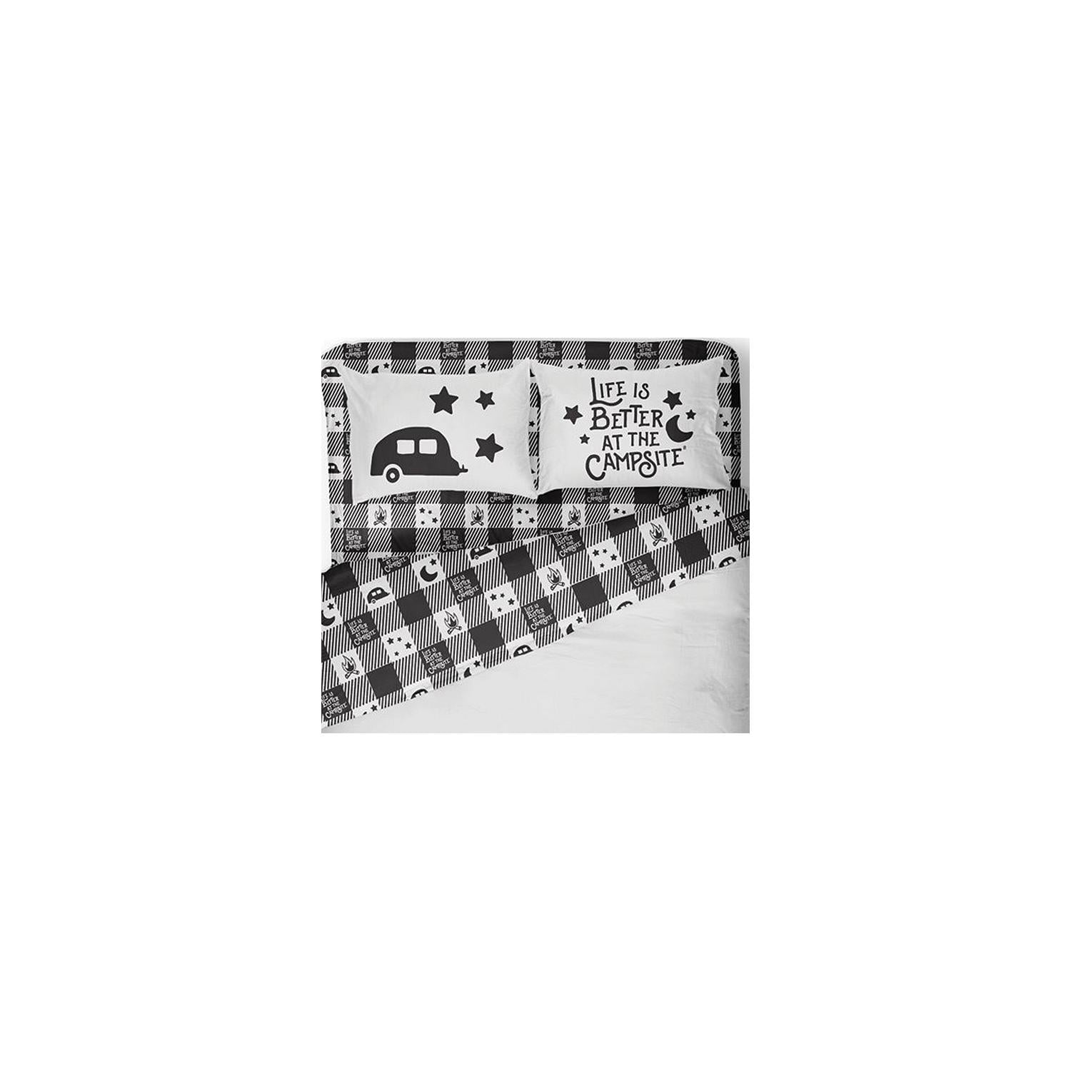 Camco 53474 Bed Sheets, King, Buffalo Plaid, Blk/White