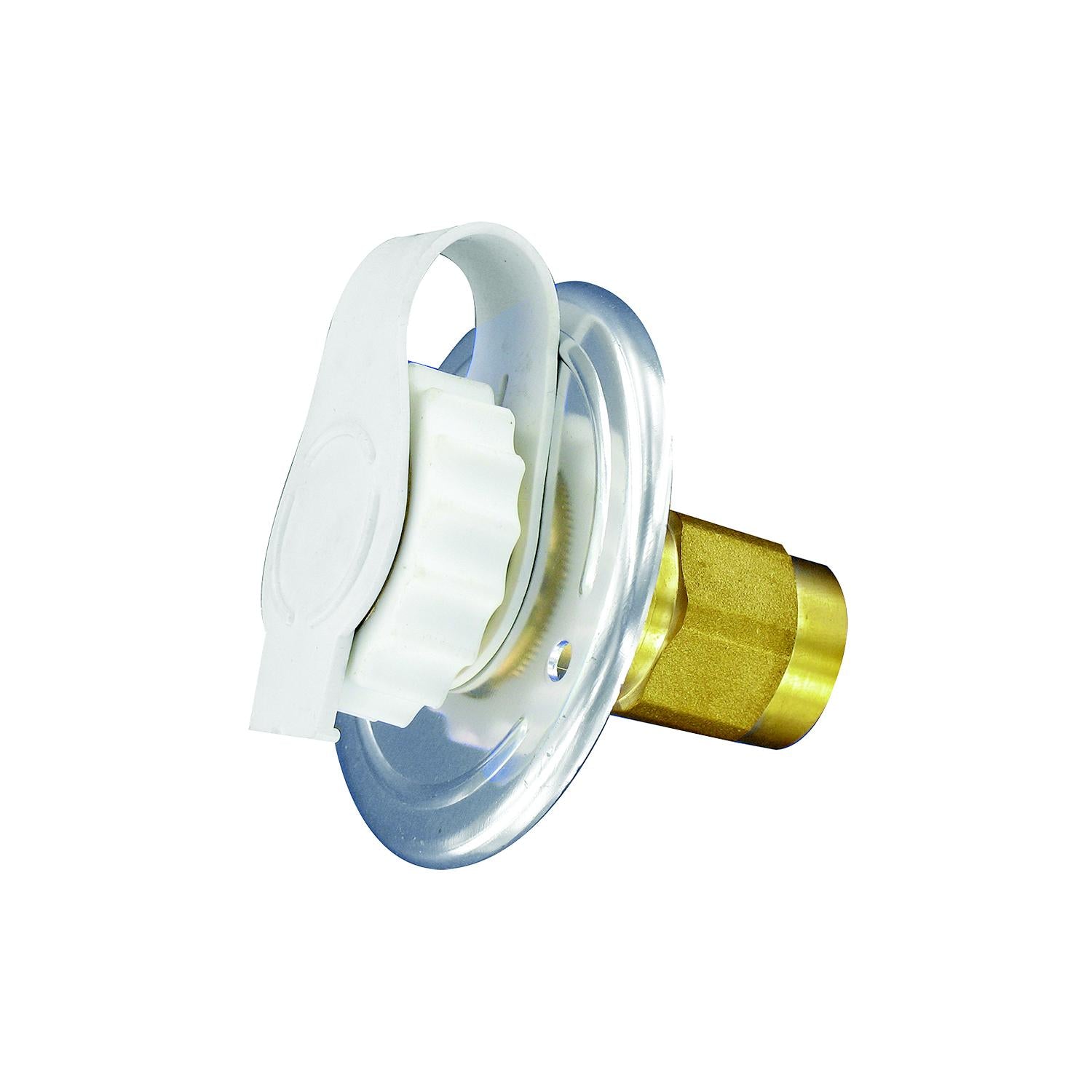 Valterra White Flush Mount FPT Brass Check Valve RV Water Inlet | Includes Screws, Putty Tape & Teflon Tape